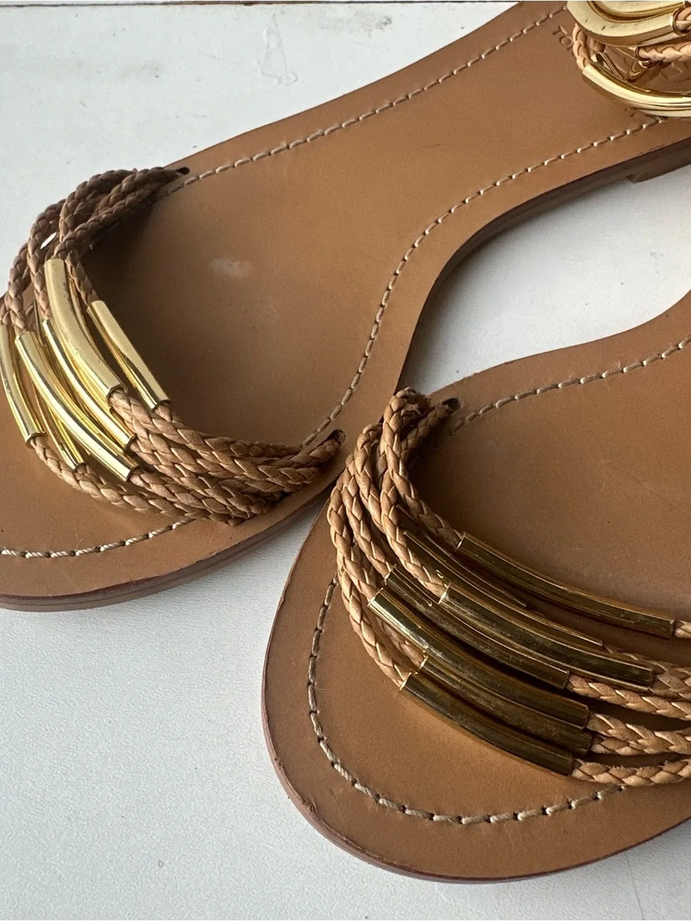 Tory Burch Flat Gladiator Sandals 8.5 Braided Tan Leather Gold Hardware